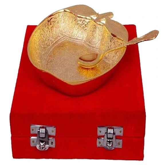 Premium Apple Shaped Brass Bowl Set with Spoons || Gold- & Silver-Plated Hand Engraved Brass Gift Bowl