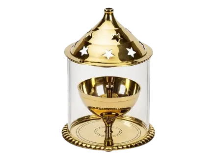 Udupi Style Akhand Deep Brass Oil Lamp with Chimney / Protective Cover