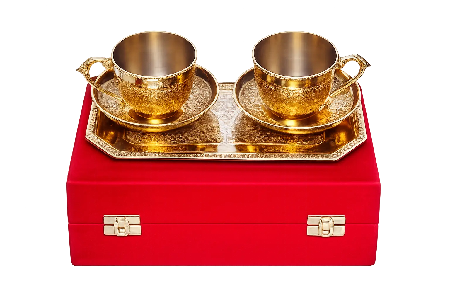 Decorative Brass Coffee/Tea-cup Set with Serving Tray and Saucer