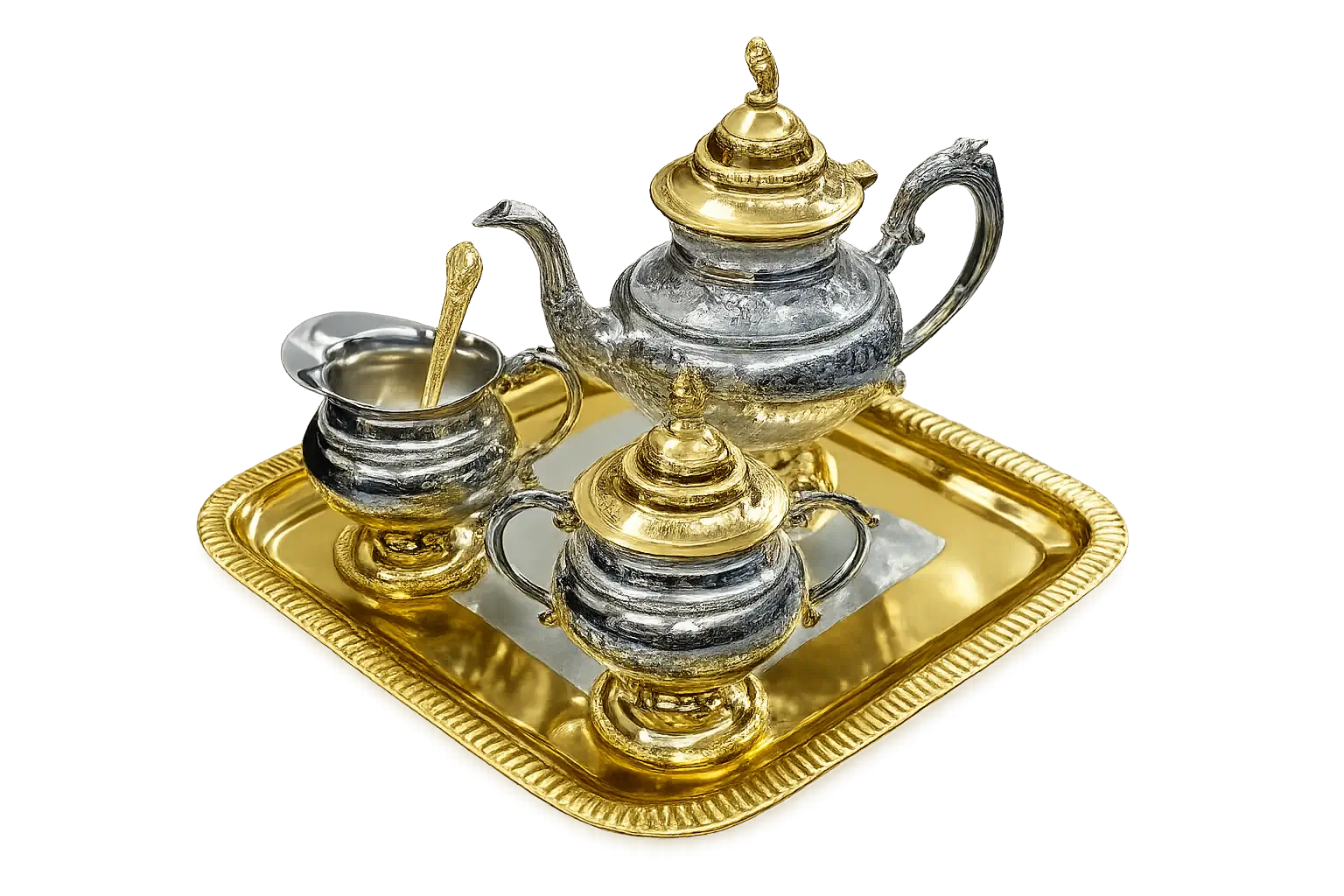 Royal Decorative Silver-Gold Finish Tea-serving Set with Tray