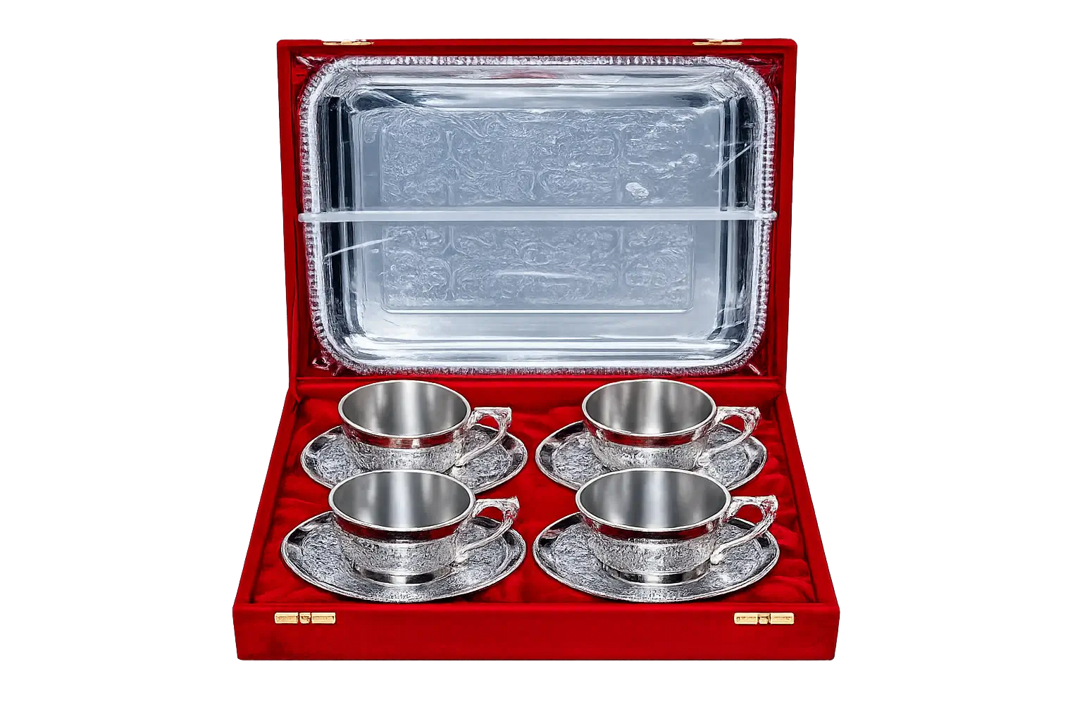 Premium Silver Plated Tea-Cup & Tray Set | 4 Cup Saucer Set with Serving Tray Gift Box