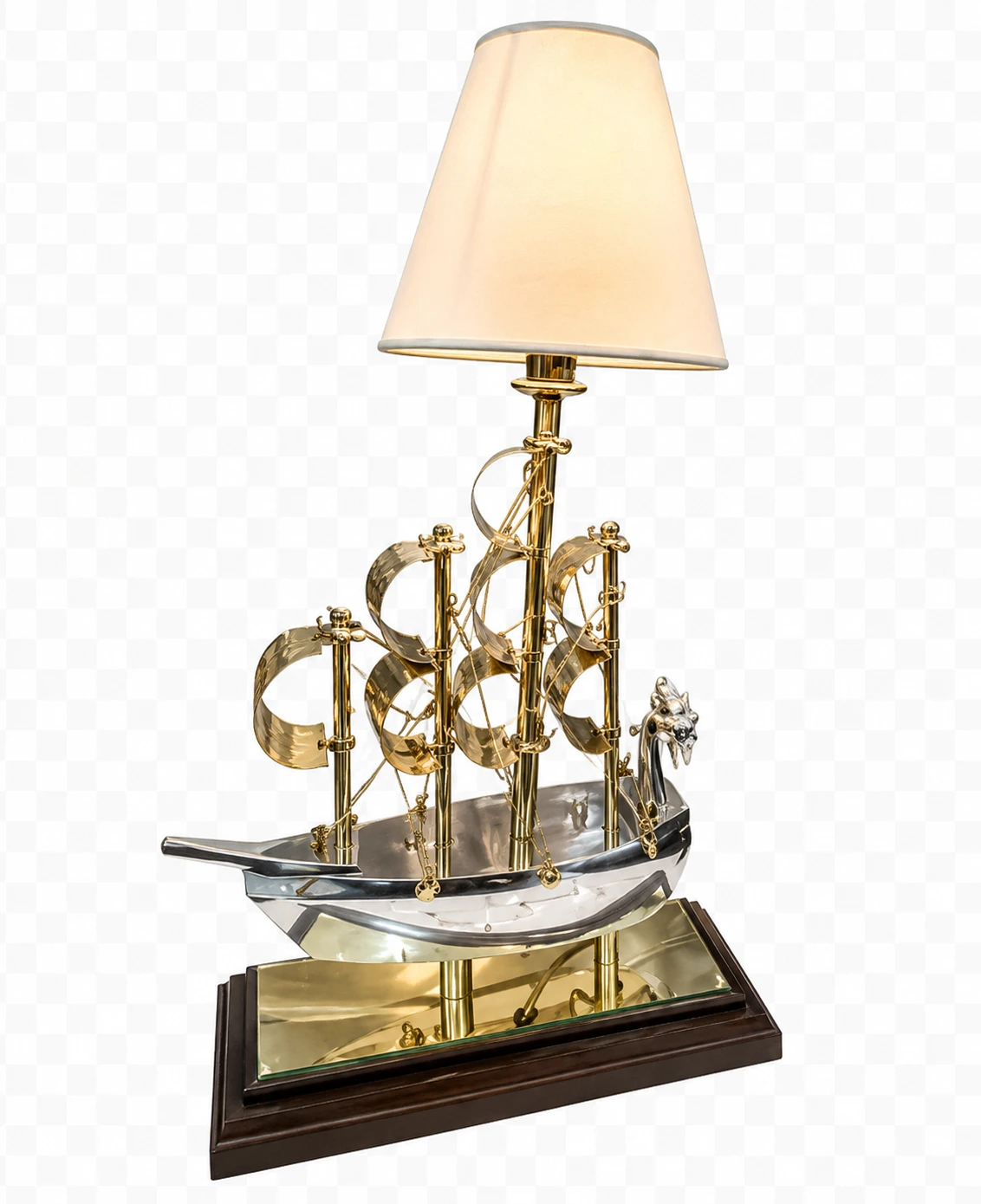 Brass Sailing Ship Table Lamp with Wooden Base