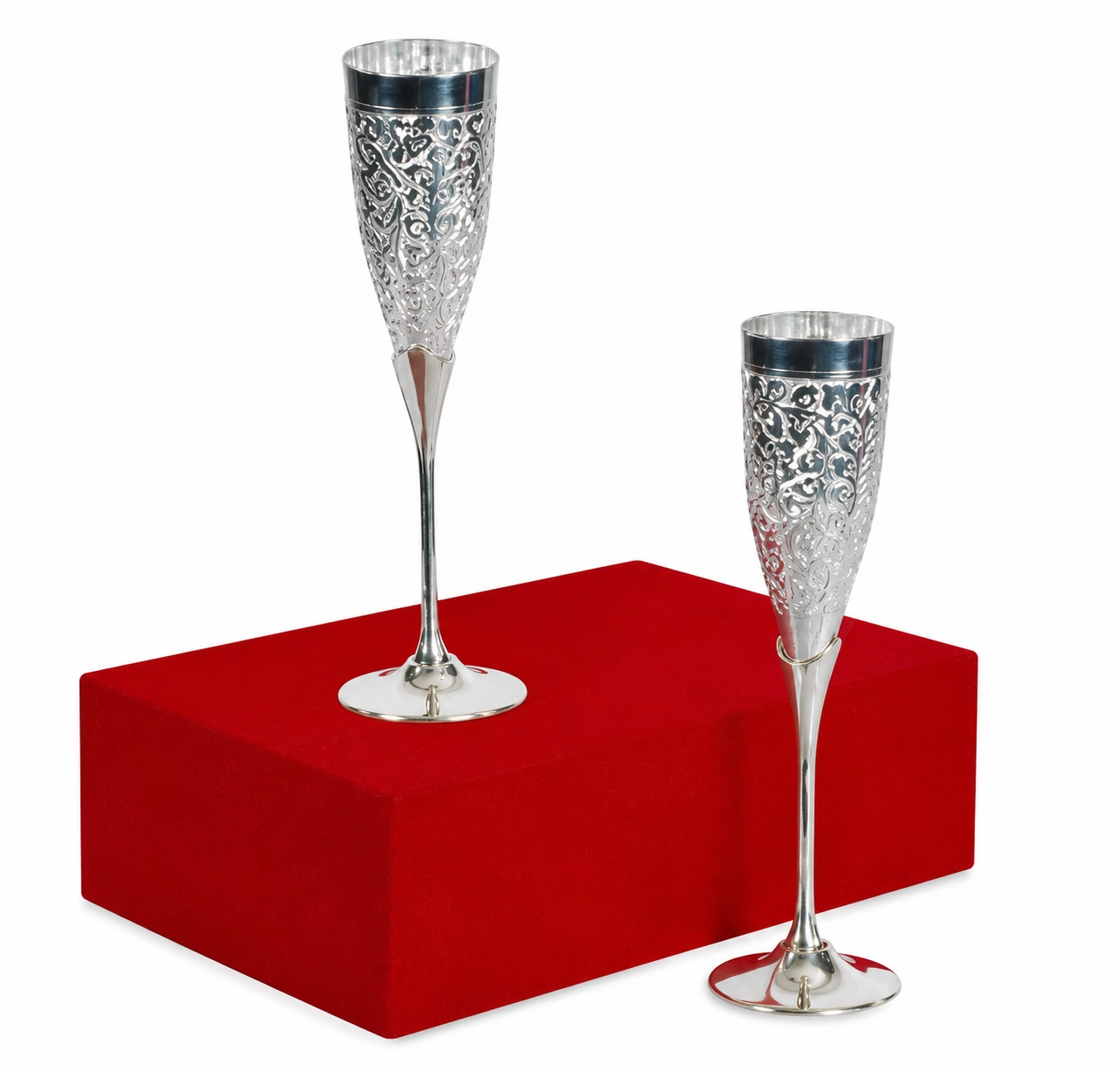 Luxury Celebration Gift Set || Decorative Silver Finish Stemmed Flute Glasses