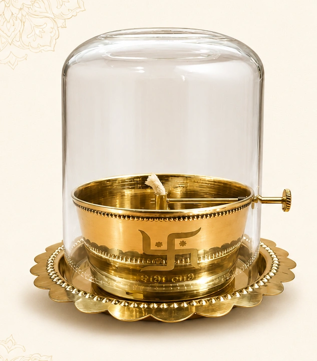 Akhand Jyot Brass Oil Lamp with Glass Chimney Cover