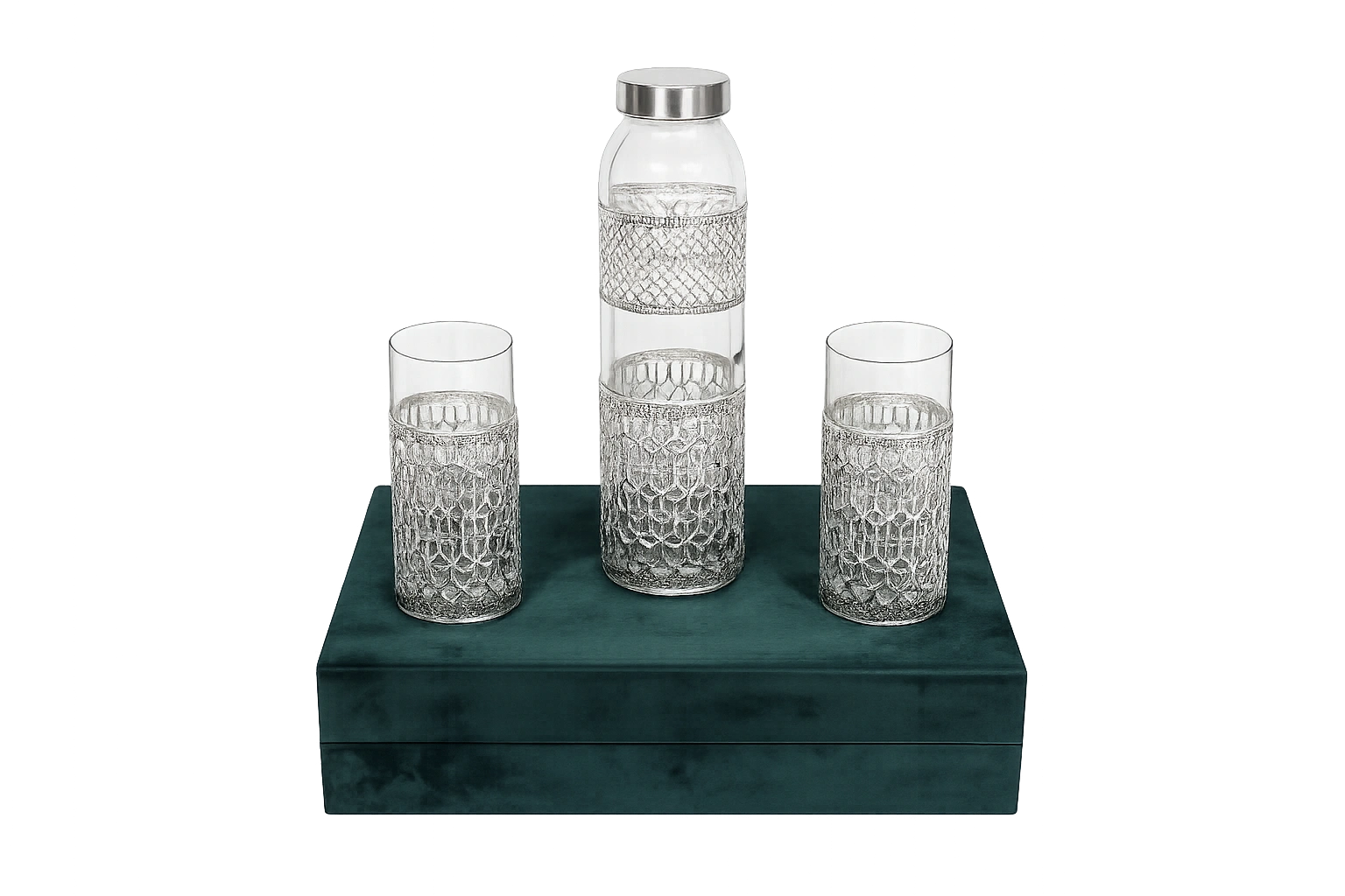 Decorative Bottle & Glass Gift Set with Textured Silver Finish